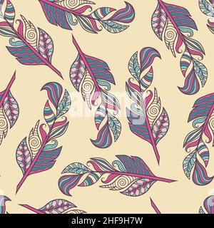 Vector seamless pattern with a beautiful abstract zenart style feathers. For printing on fabric, paper, for the design of covers, packages Stock Vector