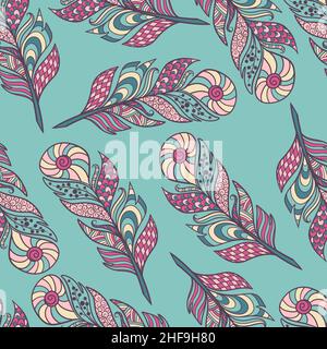 Vector seamless pattern with a beautiful abstract zenart style feathers. For printing on fabric, paper, for the design of covers, packages Stock Vector