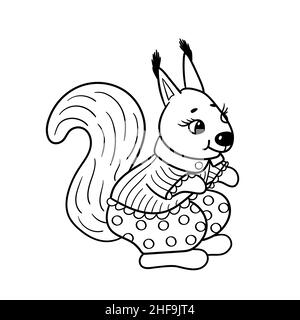 Vector coloring page with a cute toy squirrel in a shirt and pants Stock Vector