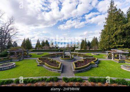 Vancouver, BC, Canada - April 5 2021 : University of British Columbia (UBC) campus. UBC Rose Garden. Stock Photo