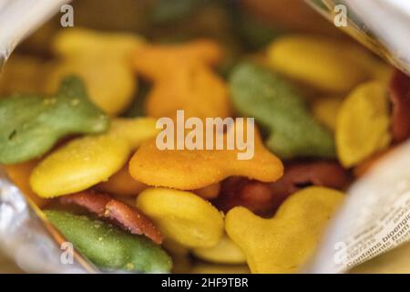 Close up of Gold Fish Crackers multi colored in the bag . High quality photo Stock Photo