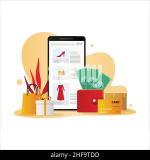 Mobile commerce vector concept, shopping application on smartphone, e-commerce illustration. Stock Vector