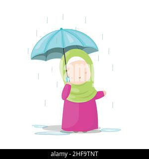 Young girl wearing hijab with umbrella in the rain, cute cartoon character vector illustration. Stock Vector