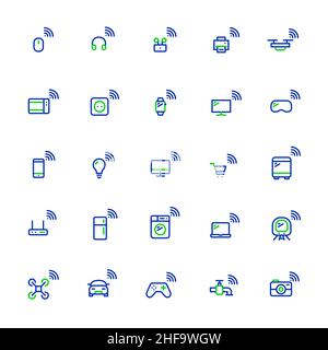 Internet of things. Smart devices with wireless connections. 25 pixel perfect, editable stroke colored minimalistic icons Stock Vector