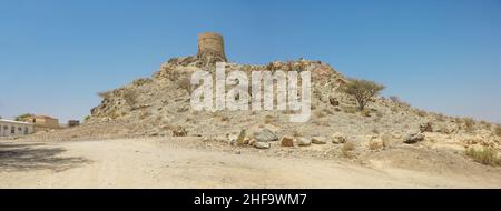 An old watchtower at Hatta in the Emirate of Dubai in the United Arab Emirates. Stock Photo