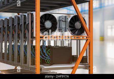 3d rendering crypto mining farm with graphic card or gpu rack in warehouse Stock Photo