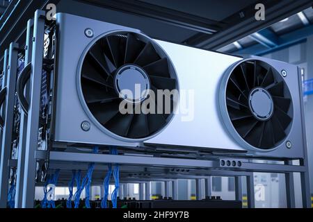 3d rendering crypto mining farm with graphic card or gpu rack in warehouse Stock Photo