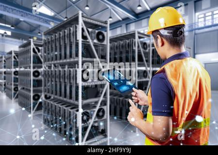 Programmer or engineer work in crypto mining farm with graphic card or gpu rack Stock Photo