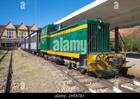 DALAT, VIETNAM - DECEMBER 27, 2015: Tourist retro train on the Dalat railway station Stock Photo