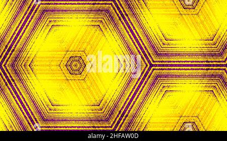 Seamless abstract geometric texture pattern in yellow and violet colors. Symmetric hexagon ornament for digital paper, textile printing, wallpaper background design. Stock Vector