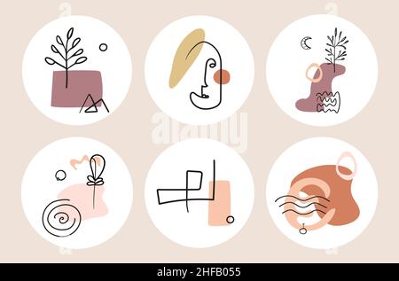 Set of hand drawn shape and line art objects, modern portrait, mountain, lake, line, tree, leaf, moon, sun. Stock Vector