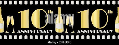 10 years anniversary celebration vector movie style border. Art Deco style gold foil effect golden gradient text, champagne bottle, glasses on black Stock Vector