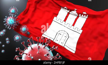 Hamburg and covid pandemic - virus attacking a city flag of Hamburg as a symbol of a fight and struggle with the virus pandemic in this city, 3d illus Stock Photo