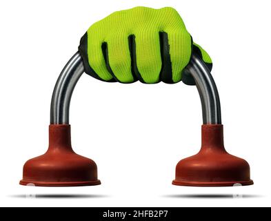 Hand with protective work glove, holding a red rubber plunger with a handle in the shape of curved stainless steel pipe, isolated on white background. Stock Photo