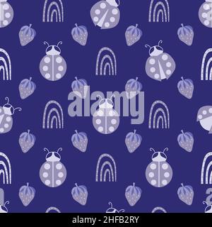 Cute ladybird, dotted rainbow, strawberry seamless vector pattern background.Ladybugs with strawberries and rainbows periwinkle purple backdrop. Fun Stock Vector