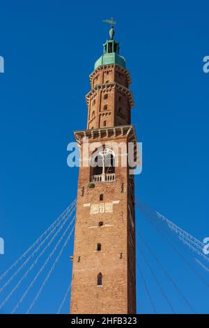 Civic Tower or Clock Tower in Vicenza downtown, called Torre Bissara or Torre di Piazza, XII century, Piazza dei Signori, Veneto, Italy, Europe. Stock Photo