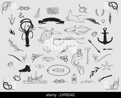 Sea collection, black and white Stock Vector