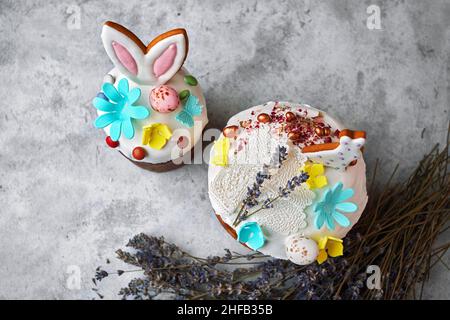 Decorative festive easter with easter bunny and lavender branches Stock Photo