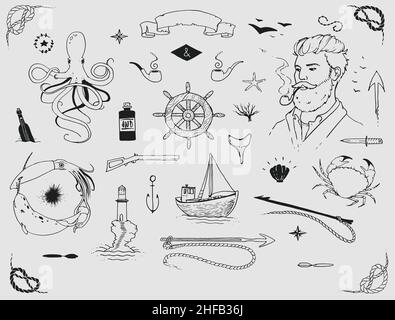 Sea collection, black and white Stock Vector