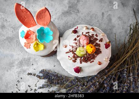 Decorative festive easter with easter bunny and lavender branches Stock Photo