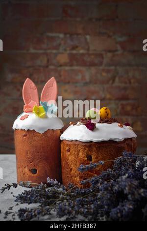 Decorative festive easter with easter bunny and lavender branches Stock Photo