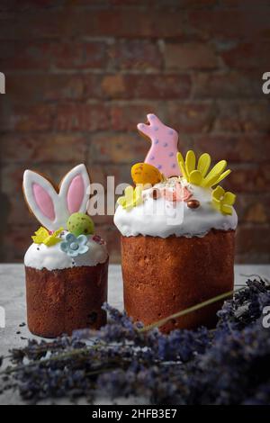 Decorative festive easter with easter bunny and lavender branches Stock Photo