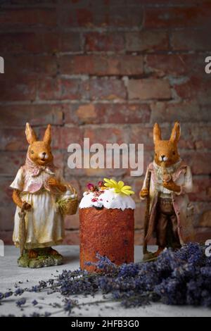 Decorative festive easter with easter bunny and lavender branches Stock Photo