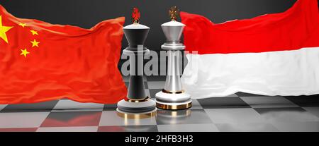 China Indonesia talks, meeting or trade between those two countries that aims at solving political issues, symbolized by a chess game with national fl Stock Photo