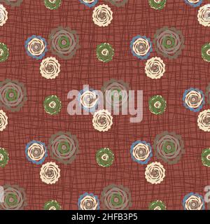 Abstract peony flower seamless vector pattern background. Earthy color backdrop with groups of flowers on burlap texture. Modern paper cut out peonies Stock Vector