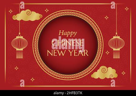 Happy Chinese New Year Wallpaper Traditional Chinese golden red background frame greeting with lanterns and clouds Stock Vector