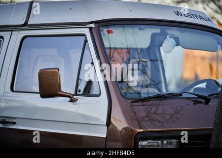 PAMPLONA, NAVARRA SPAIN JANUARY 11 2022:Classic van of the Volkswagen brand and westphalia model in brown Stock Photo