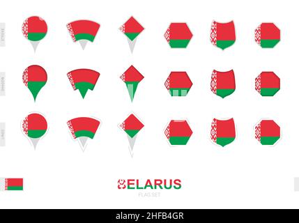 Collection of the Belarus flag in different shapes and with three different effects. Vector flag set. Stock Vector