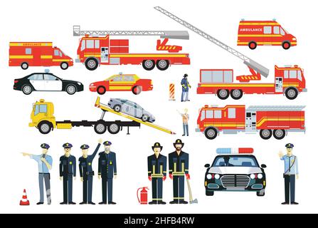 Fire brigade operation and police operation with firefighters and police officers, illustration isolated Stock Vector