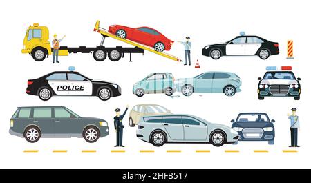 Cars on tow truck with police, isolated on white background. - llustration Stock Vector