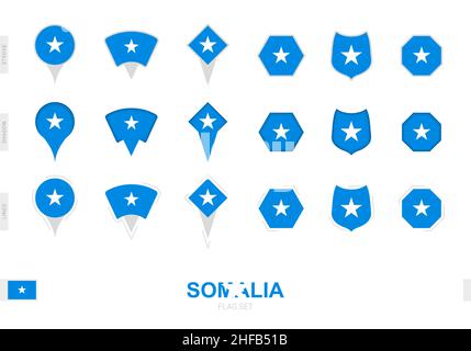 Collection of the Somalia flag in different shapes and with three different effects. Vector flag set. Stock Vector