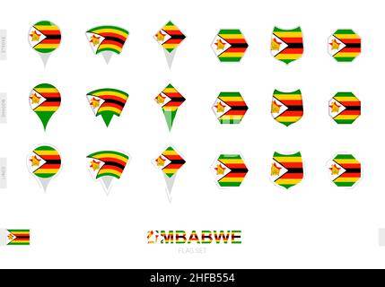 Collection of the Zimbabwe flag in different shapes and with three different effects. Vector flag set. Stock Vector