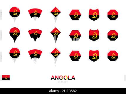Collection of the Angola flag in different shapes and with three different effects. Vector flag set. Stock Vector