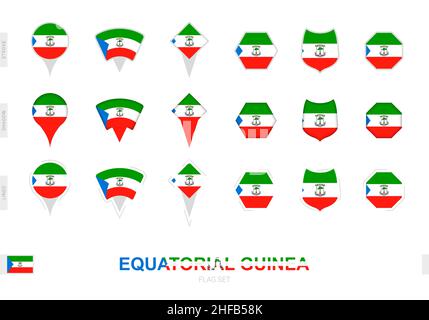 Collection of the Equatorial Guinea flag in different shapes and with three different effects. Vector flag set. Stock Vector