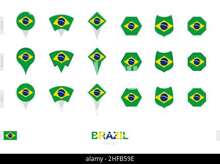 Collection of the Brazil flag in different shapes and with three different effects. Vector flag set. Stock Vector