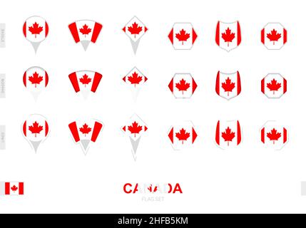 Collection of the Canada flag in different shapes and with three different effects. Vector flag set. Stock Vector