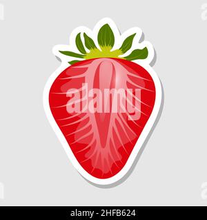 Piece of strawberry sticker. Sticker with outline and red strawberries. Vector icon. Ripe sweet fruit. Stock Vector