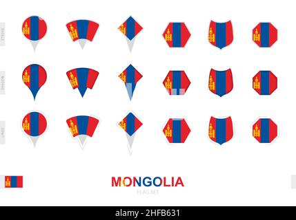 Collection of the Mongolia flag in different shapes and with three different effects. Vector flag set. Stock Vector