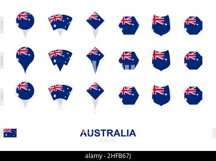 Collection of the Australia flag in different shapes and with three different effects. Vector flag set. Stock Vector