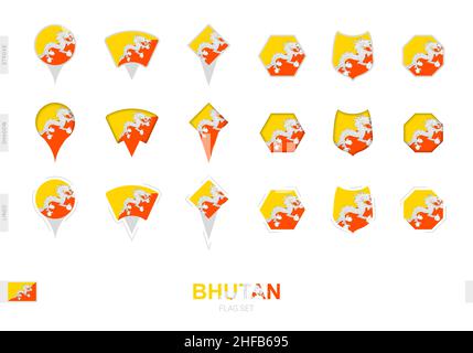 Collection of the Bhutan flag in different shapes and with three different effects. Vector flag set. Stock Vector