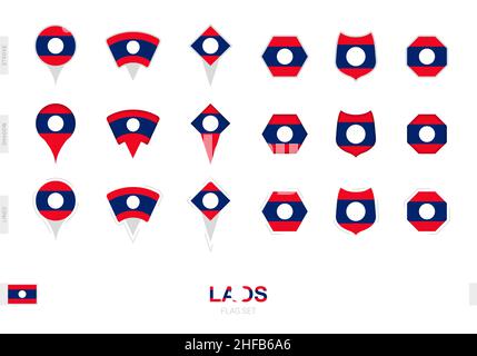 Collection of the Laos flag in different shapes and with three different effects. Vector flag set. Stock Vector