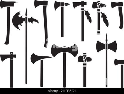 Axes icons set - black silhouettes. Vector illustration. Stock Vector
