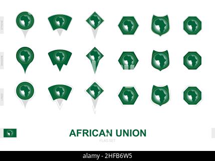 Collection of the African Union flag in different shapes and with three different effects. Vector flag set. Stock Vector