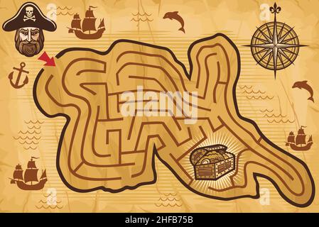 Pirate maze for kids with treasure map (labyrinth for children, game). Vector illustration Stock Vector