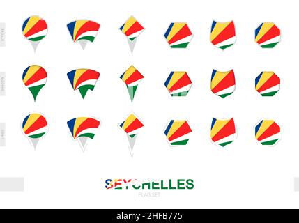 Collection of the Seychelles flag in different shapes and with three different effects. Vector flag set. Stock Vector