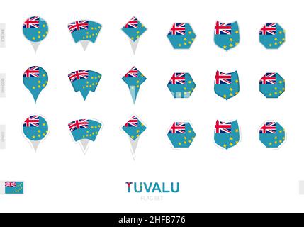 Collection of the Tuvalu flag in different shapes and with three different effects. Vector flag set. Stock Vector